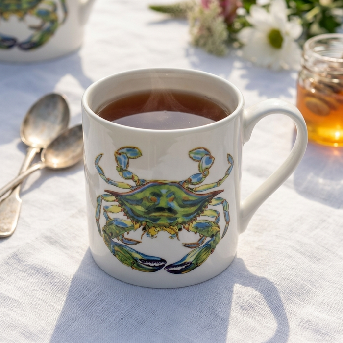 Blue Crab Mug (large size) styled on the table