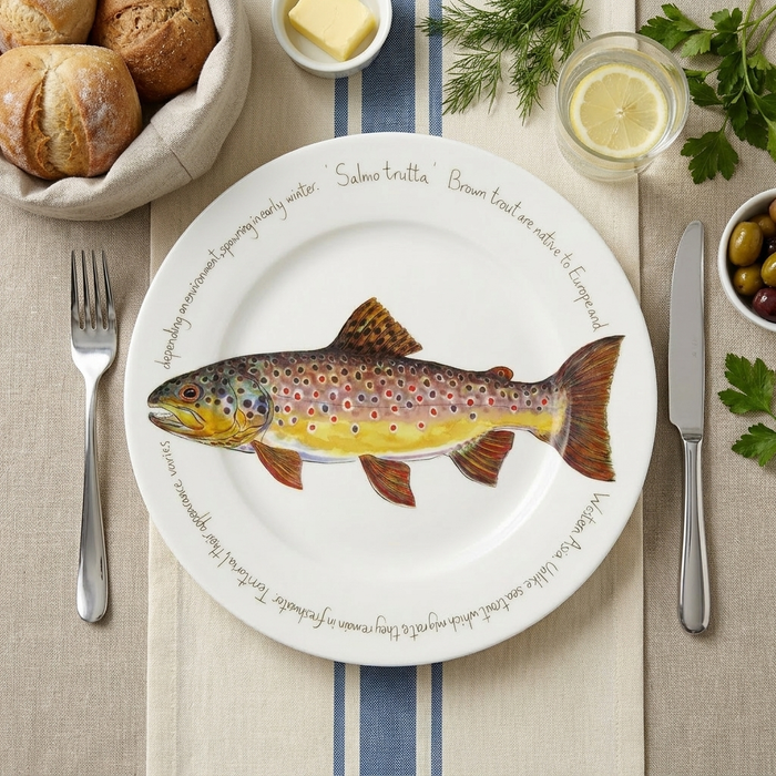Brown Trout 30cm Flat Rimmed Plate styled on the table