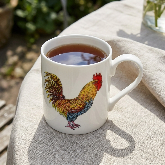 Cockerel & Hen Mug (medium straight sided) styled on the table
