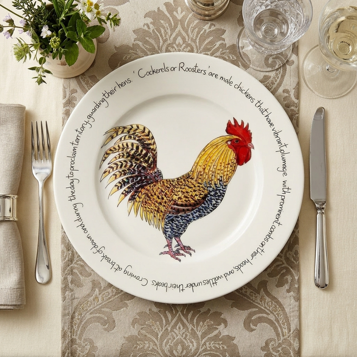 Cockerel & Rooster 30cm Flat Rimmed Plate styled on the table