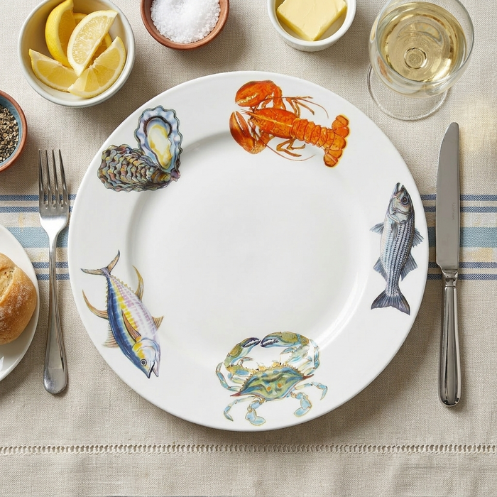 Fish & Shellfish US East Coast 30cm Flat Rimmed Plate styled on the table