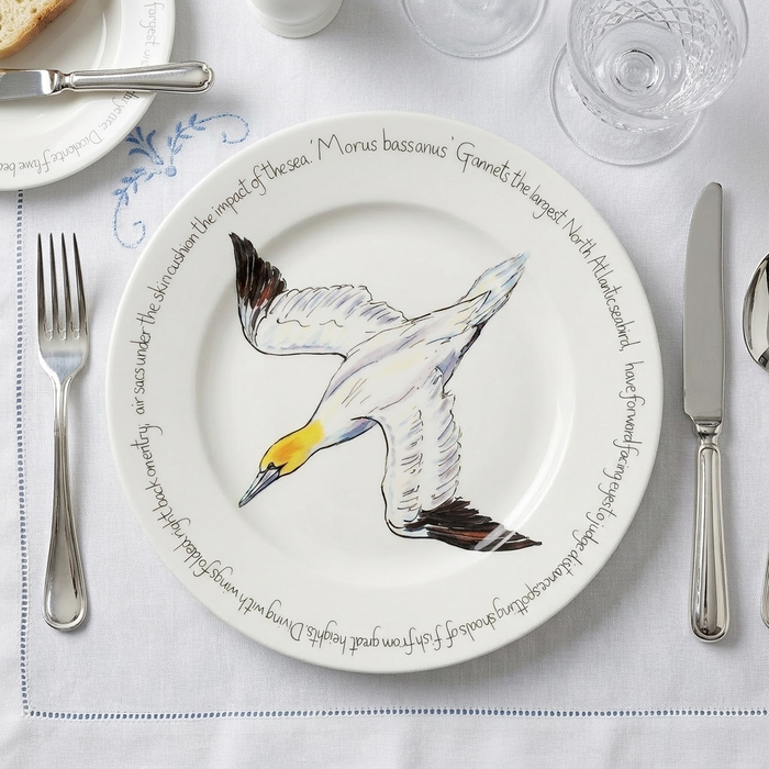 Gannet Diving 30cm Flat Rimmed Plate styled on the table