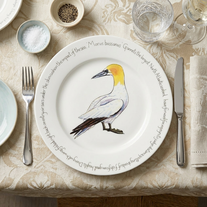 Gannet Standing 30cm Flat Rimmed Plate (Out of Stock can be made to order) styled on the table
