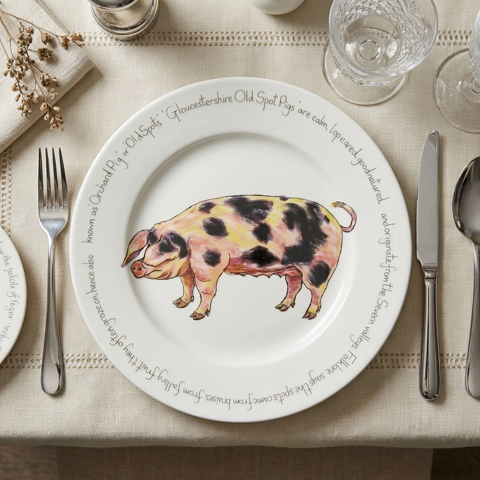 Gloucestershire Old Spot Pig 30cm Flat Rimmed Plate styled on the table