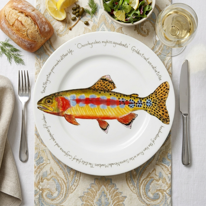 Golden Trout 30cm Flat Rimmed Plate styled on the table
