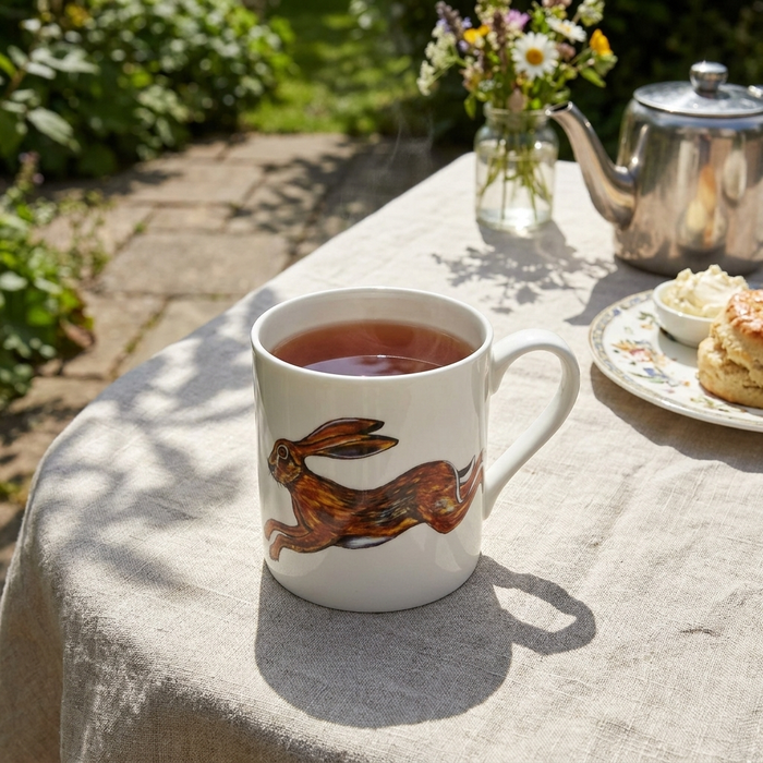 Hares mug (large size) styled on the table