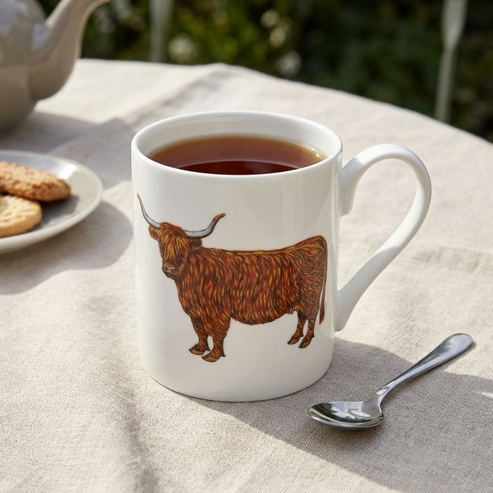 Highland Cow Mug (medium straight sided) styled on the table