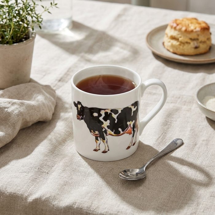 Holstein-Friesian Cow Mug (large size) styled on the table