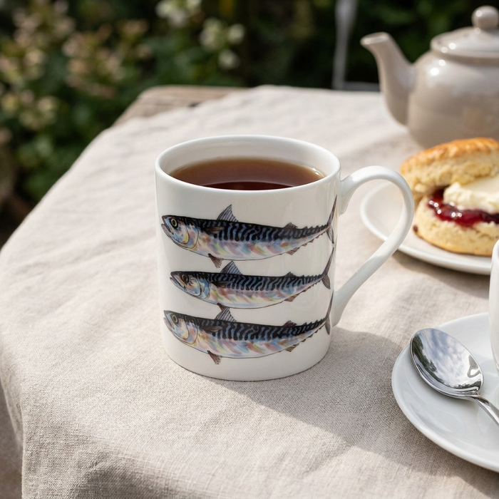 Mackerel & John Dory Mug (large size) styled on the table