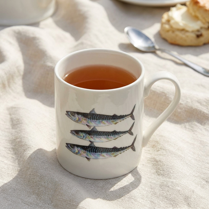 Mackerel & John Dory Mug (medium straight sided) styled on the table