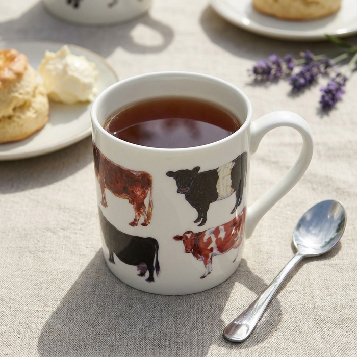 Multi Cows Mug (large size) styled on the table