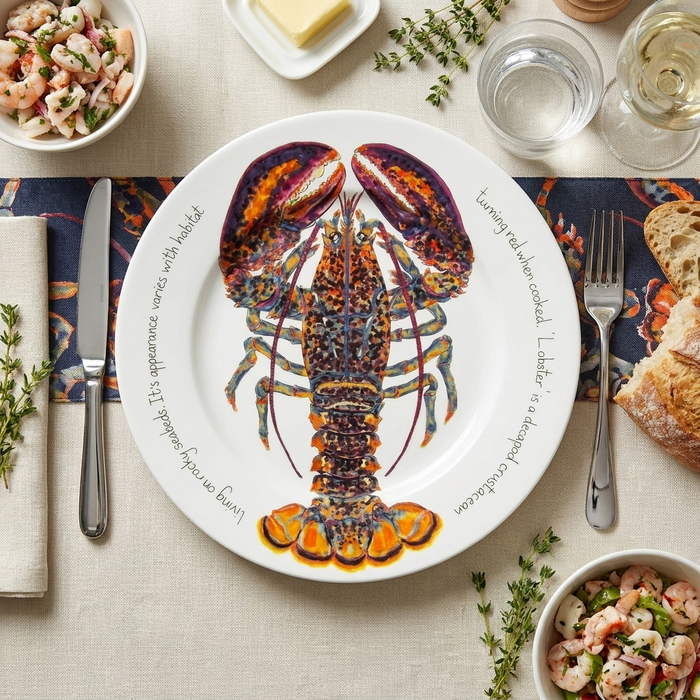 North American Lobster 30cm Flat Rimmed Plate styled on the table