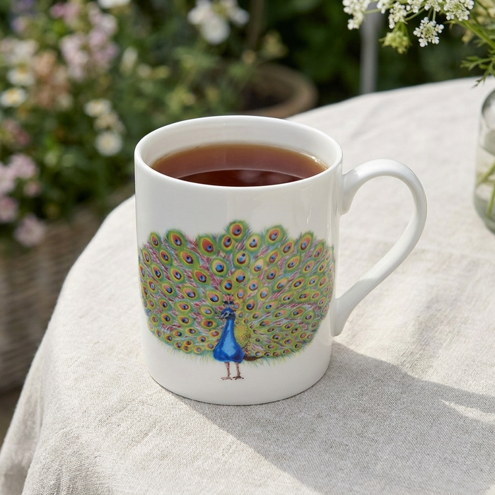 Peacock Mug (large size) styled on the table