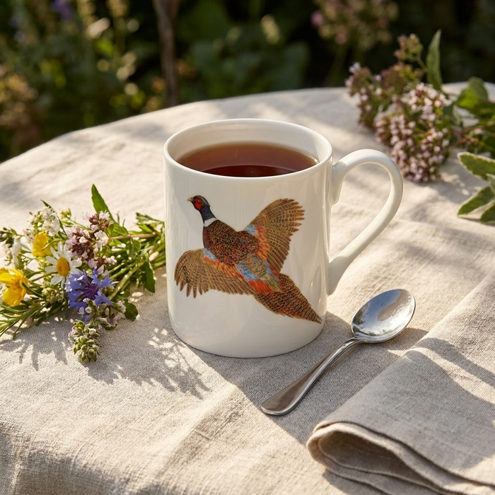 Pheasant Mug (medium straight sided) styled on the table