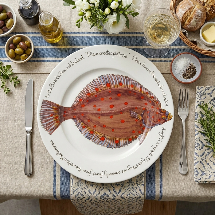 Plaice 30cm Flat Rimmed Plate styled on the table
