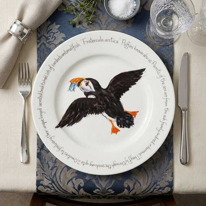 Puffin Flying 30cm Flat Rimmed Plate styled on the table