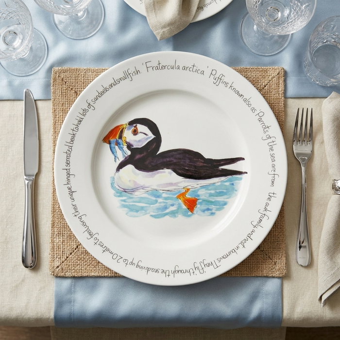Puffin Swimming 30cm Flat Rimmed Plate styled on the table