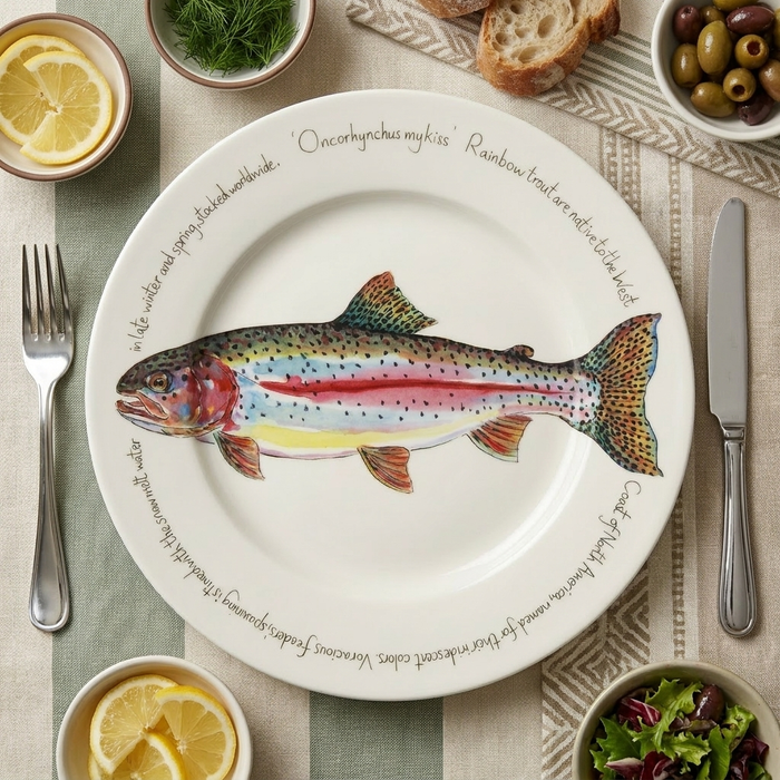 Rainbow Trout 30cm Flat Rimmed Plate styled on the table