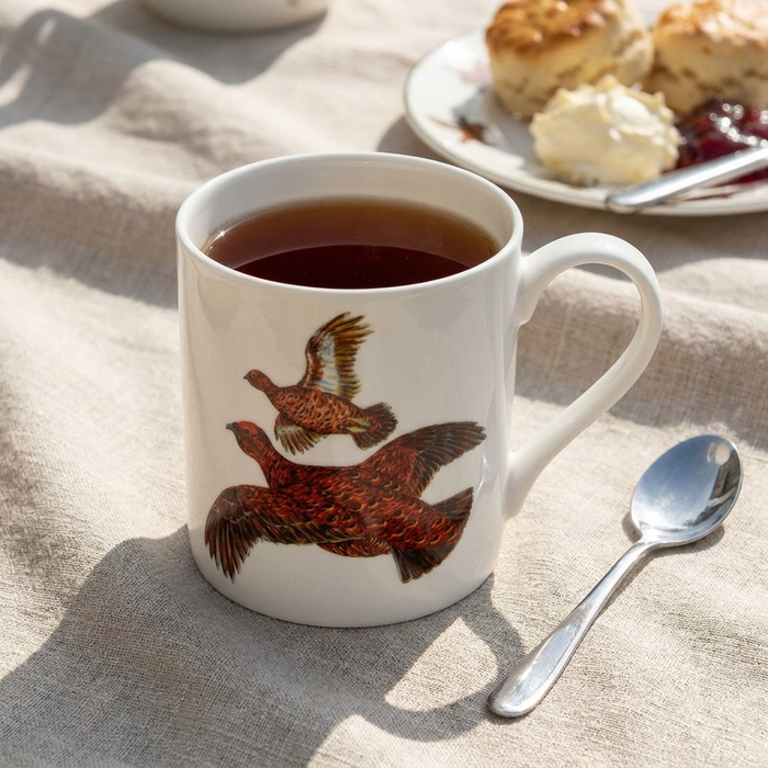 Red Grouse Mug (large size) styled on the table