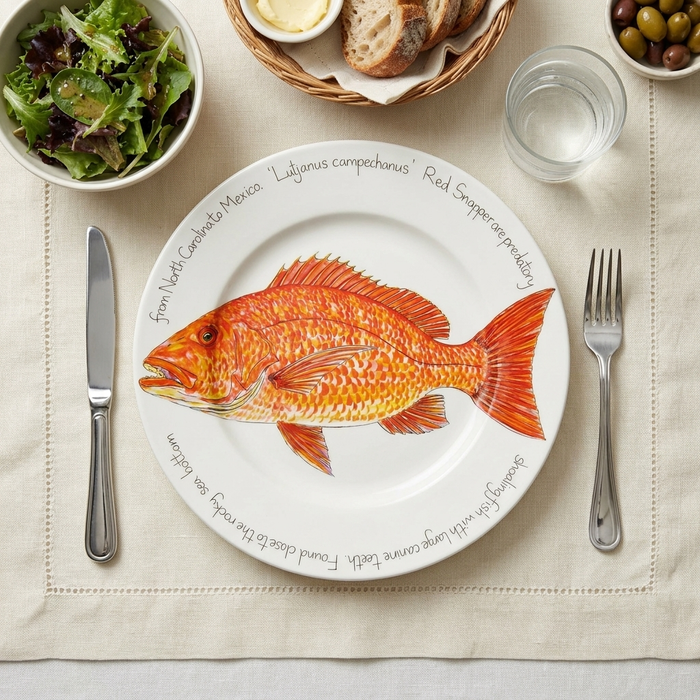 Red Snapper 30cm Flat Rimmed Plate styled on the table