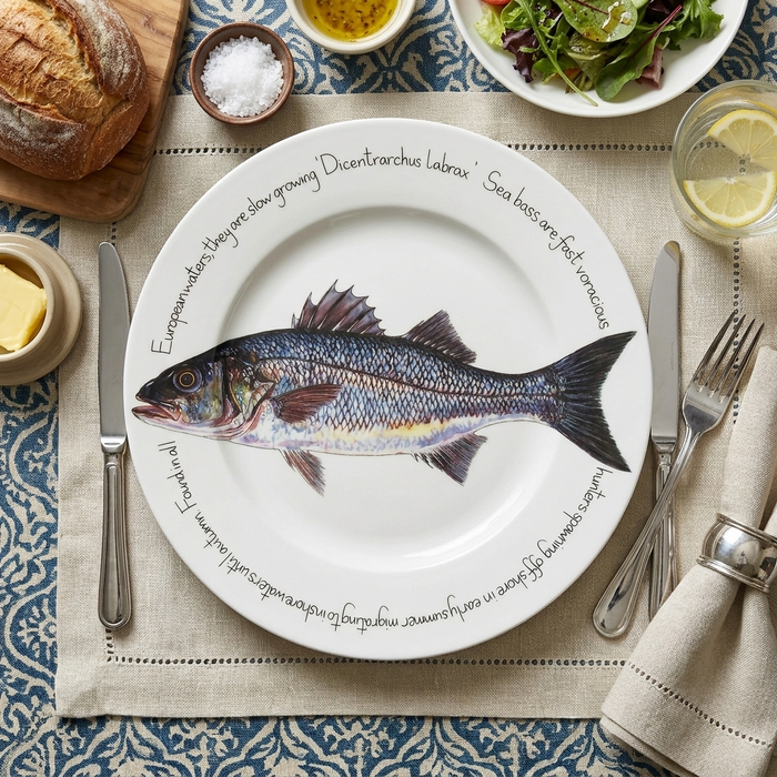 Sea Bass 30cm Flat Rimmed Plate styled on the table