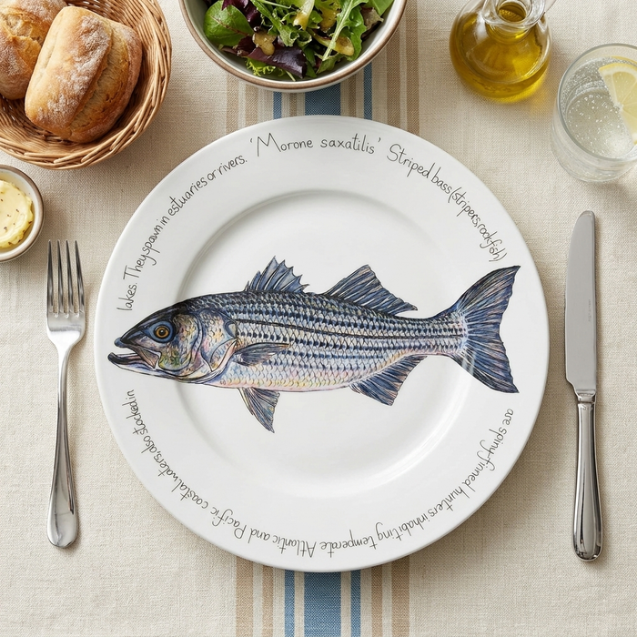 Striped Bass 30cm Flat Rimmed Plate styled on the table