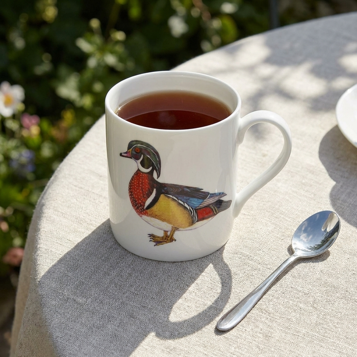 Wood Duck Mug (large size) styled on the table