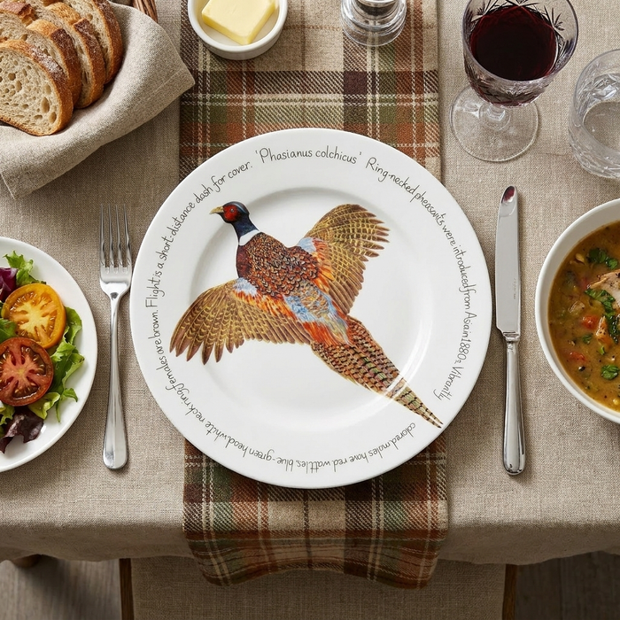 Ring-necked Pheasant 30cm Flat Rimmed Plate styled on the table