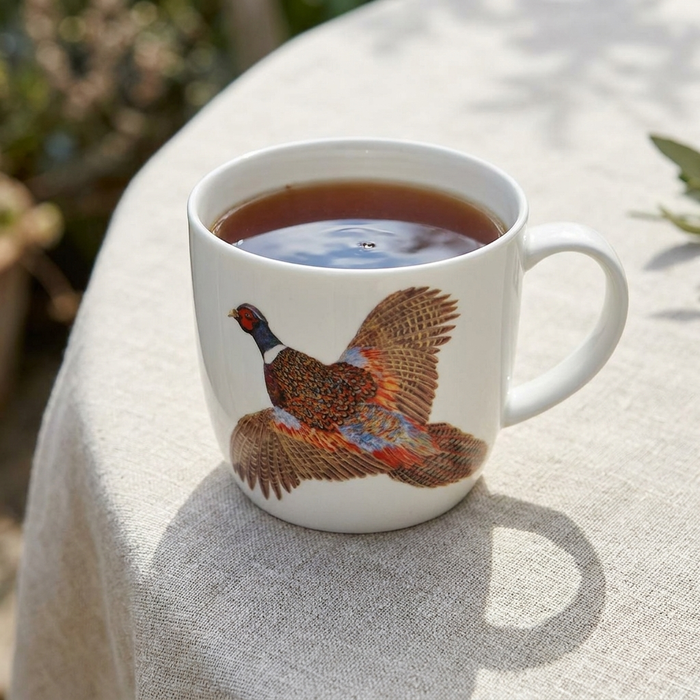 Ring-necked Pheasant Mug (medium round sided) styled on the table