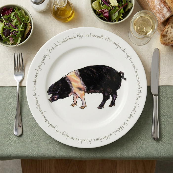 Saddleback Pig 30cm Flat Rimmed Plate styled on the table