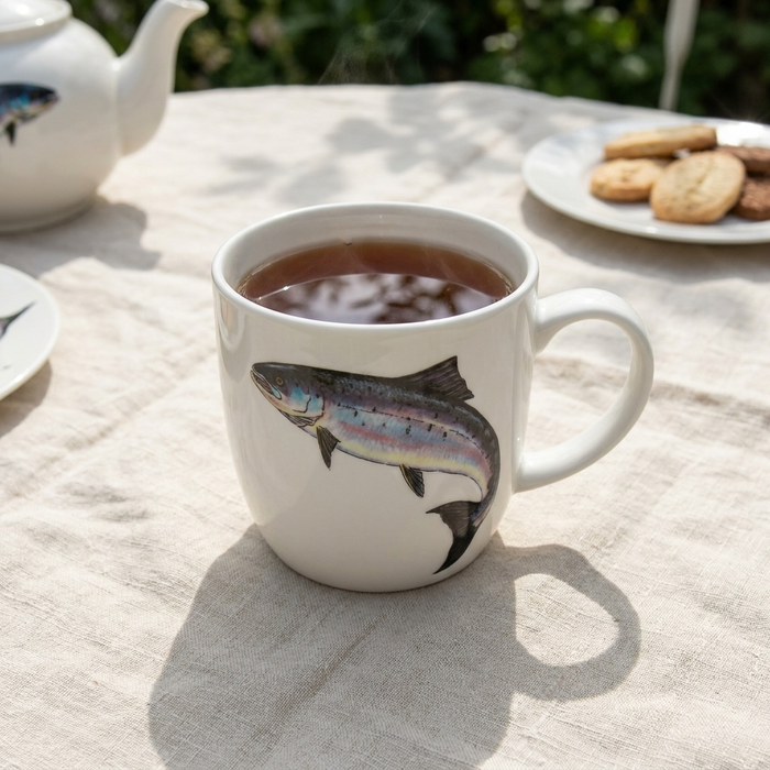 Salmon Mug (medium round sided) styled on the table