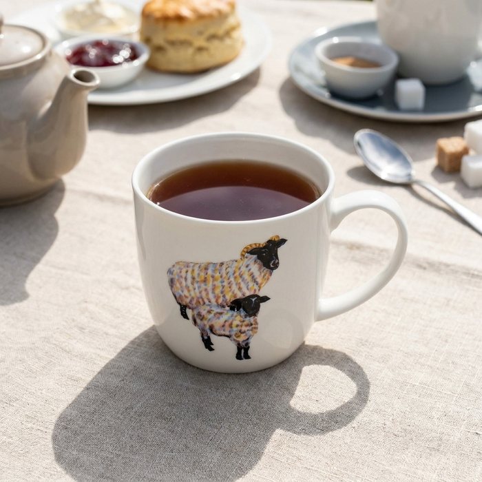 Blackface Sheep Mug (medium round sided) styled on the table