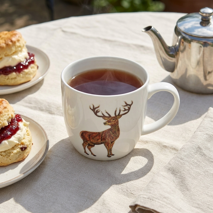 Stags Mug (medium round sided) styled on the table