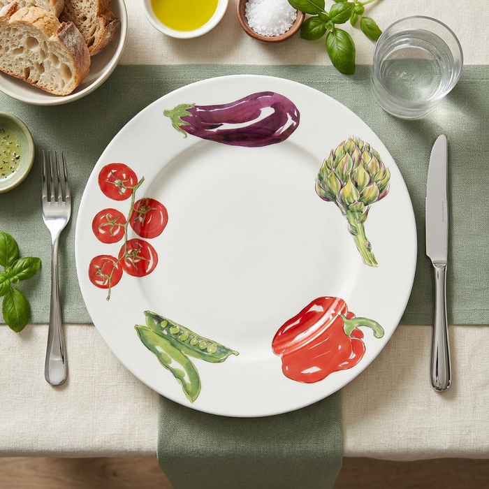 Vegetables 30cm Flat Rimmed Plate styled on the table