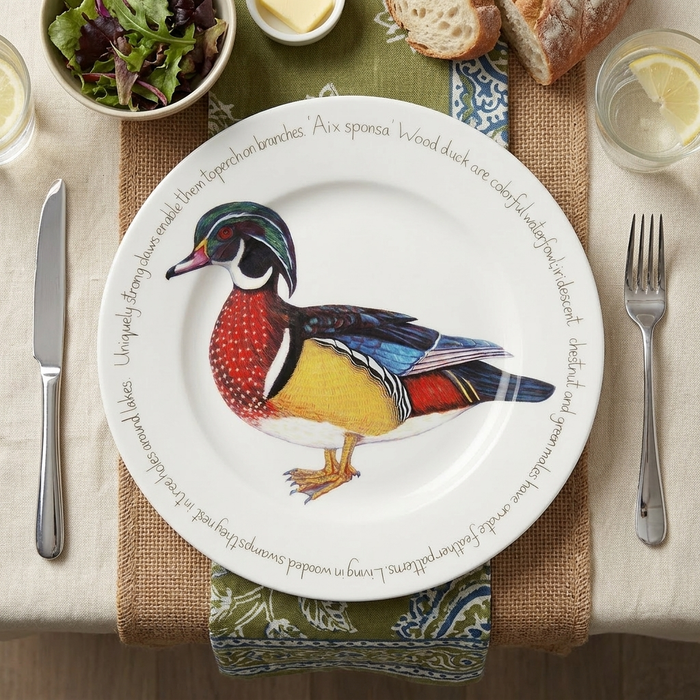 Wood Duck 30cm Flat Rimmed Plate styled on the table
