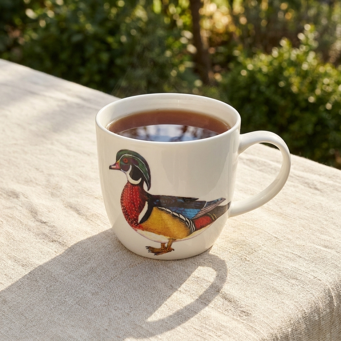 Wood Duck Mug (medium round sided) styled on the table