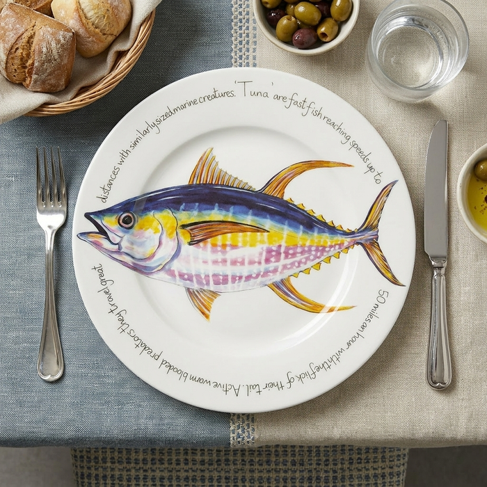 Yellowfin Tuna 30cm Flat Rimmed Plate styled on the table