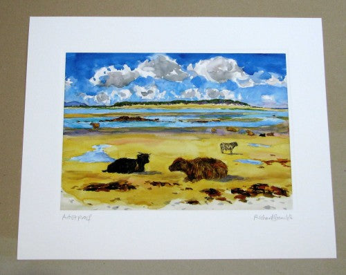 Highland Cows on the beach with Kirkibost Island North Uist Print