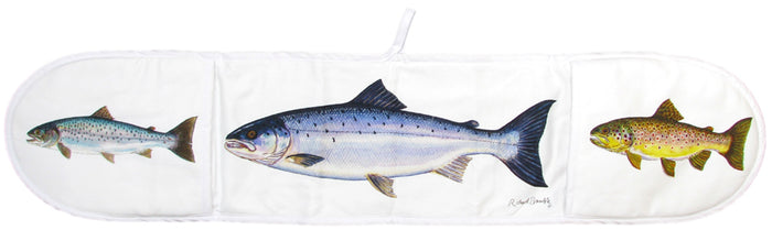 Salmon & Trout Cotton Oven Gloves styled on the table