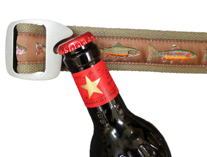 Trout Belt with Tap Cap buckle styled on the table