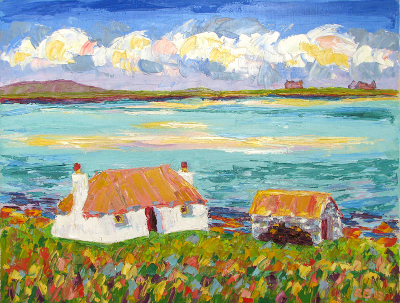 Hebridean landscape Black House over Valley Sands, North Uist, Painting