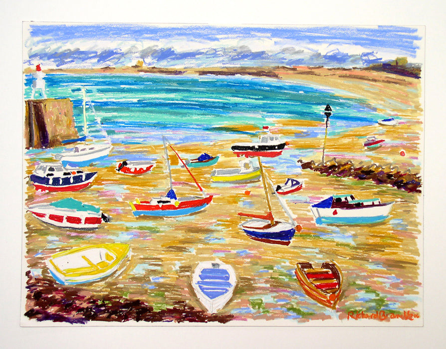 Gorey Harbour towards Seymour Tower, Jersey, Oil Pastel