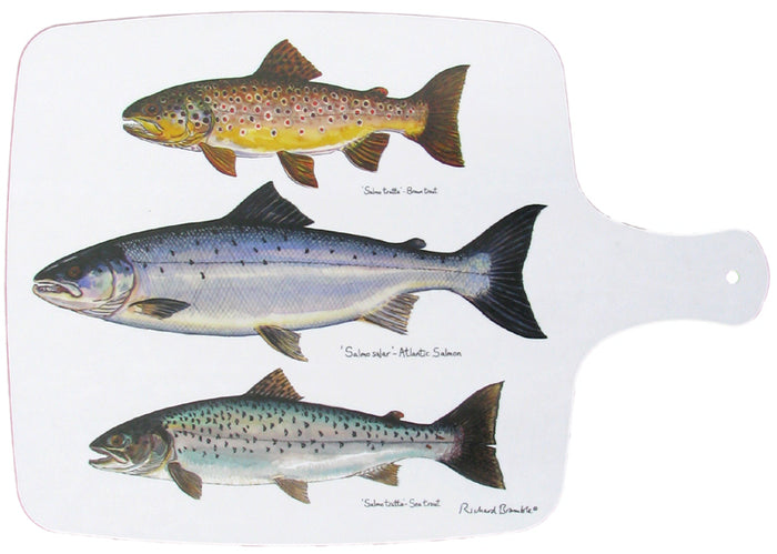 Trout & Salmon Melamine Chopping Board in use