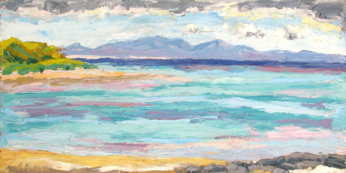 Hebridean landscape, Towards Sout Uist Kirkibost Island, painting styled on the table