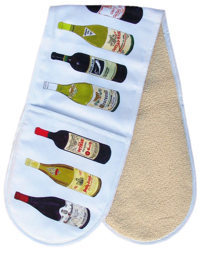 Wines & Champagne Cotton Oven Gloves styled on the table