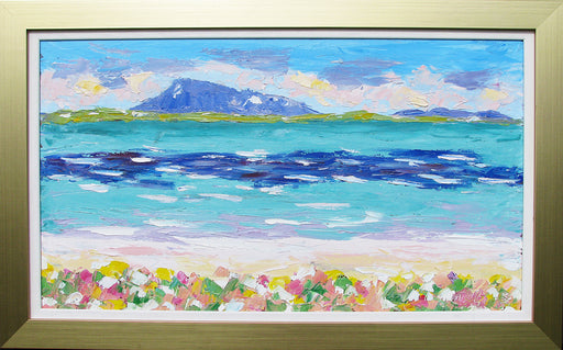 Hebridean Landscape Towards Eval machair flowers, north uist oil painting by Richard Bramble