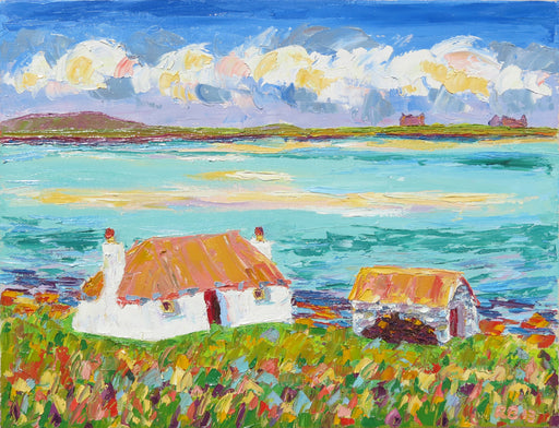 Hebridean landscape Black House over Valley Sands, North Uist, Painting