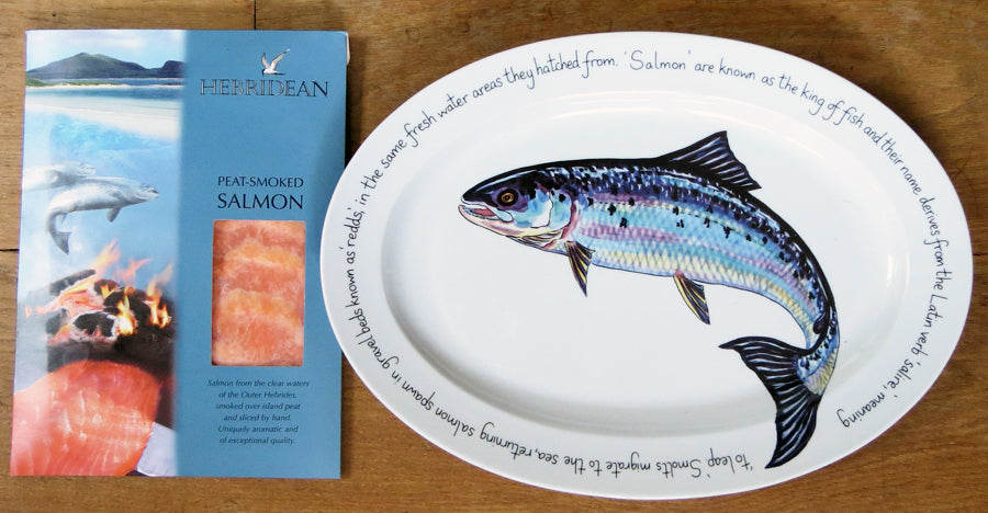 Salmon Leaping 39cm (15.4") Oval Plate with 250g Hebrdiean Peat Smoked Salmon
