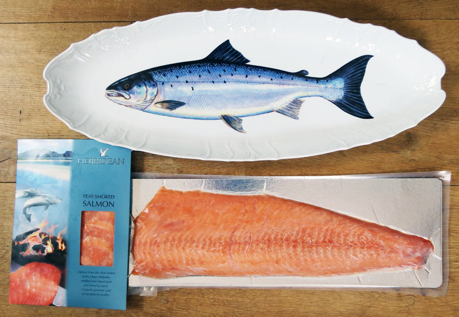 Whole 725g side of Hebridean Peat Smoked Salmon with a large 65cm Salmon Platter