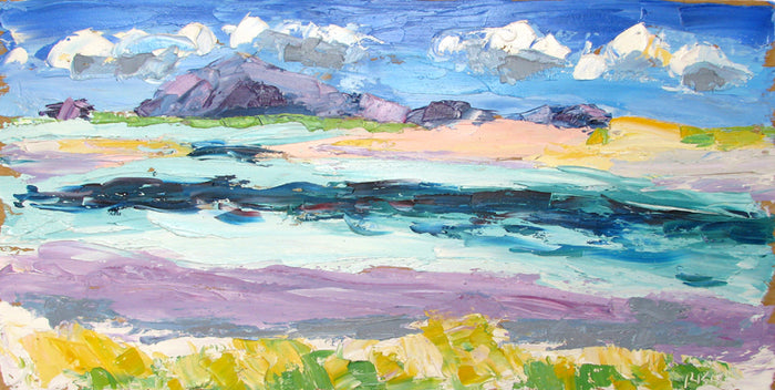 Hebridean Beach,Towards Eval from Kyles, North Uist, painting styled on the table